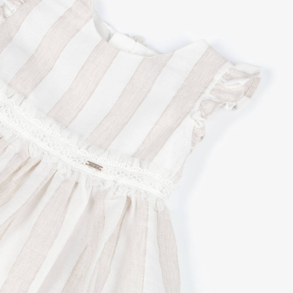 Mayoral-Girls Beige Striped Dress with Lace Trim | Childrensalon
