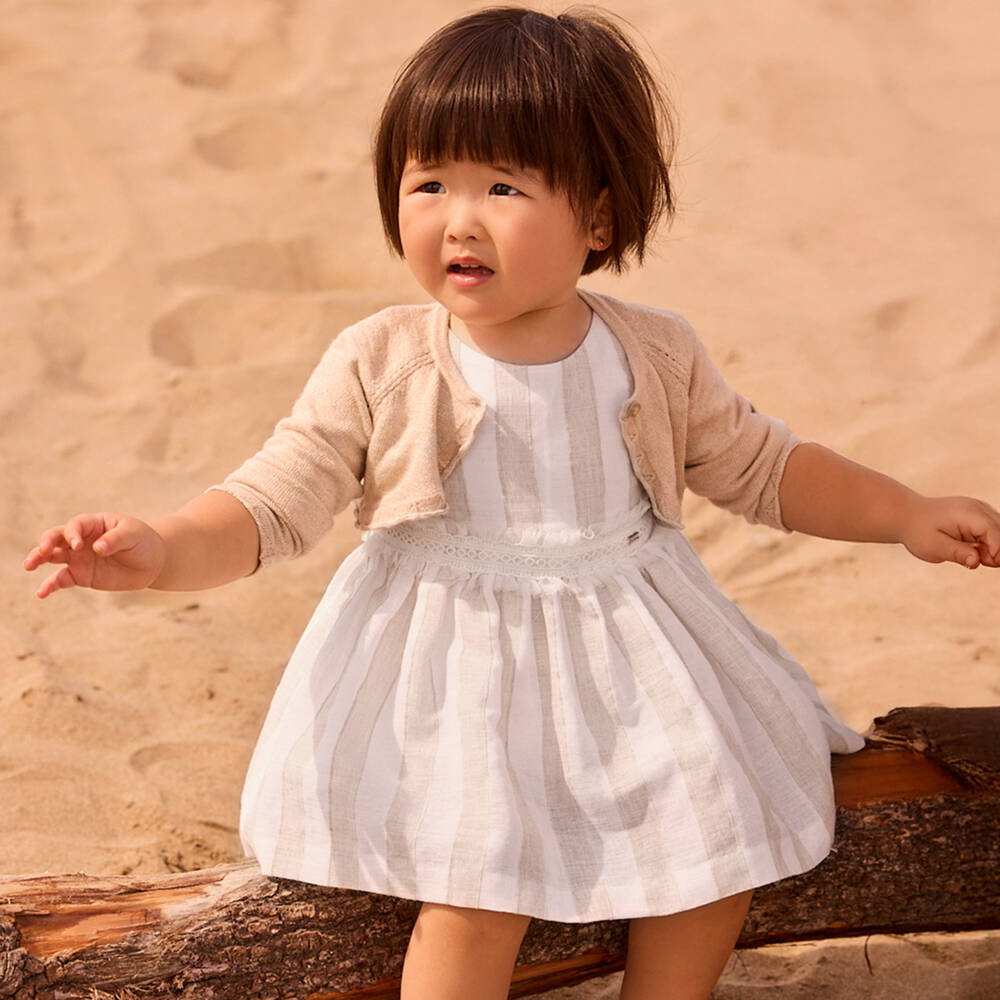Mayoral-Girls Beige Striped Dress with Lace Trim | Childrensalon