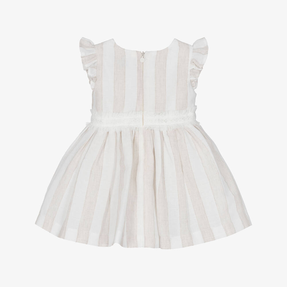 Mayoral-Girls Beige Striped Dress with Lace Trim | Childrensalon