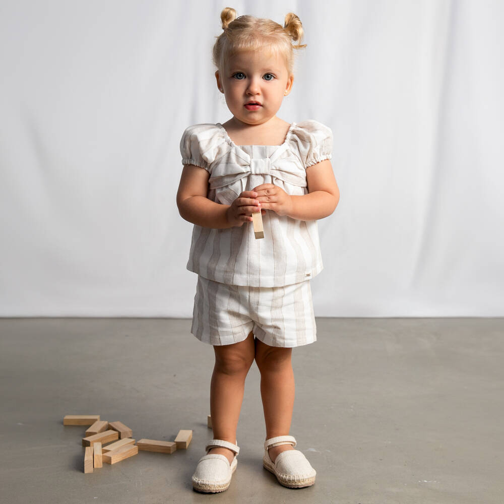 Mayoral-Girls Beige Striped Shorts Set with Bow Detail | Childrensalon