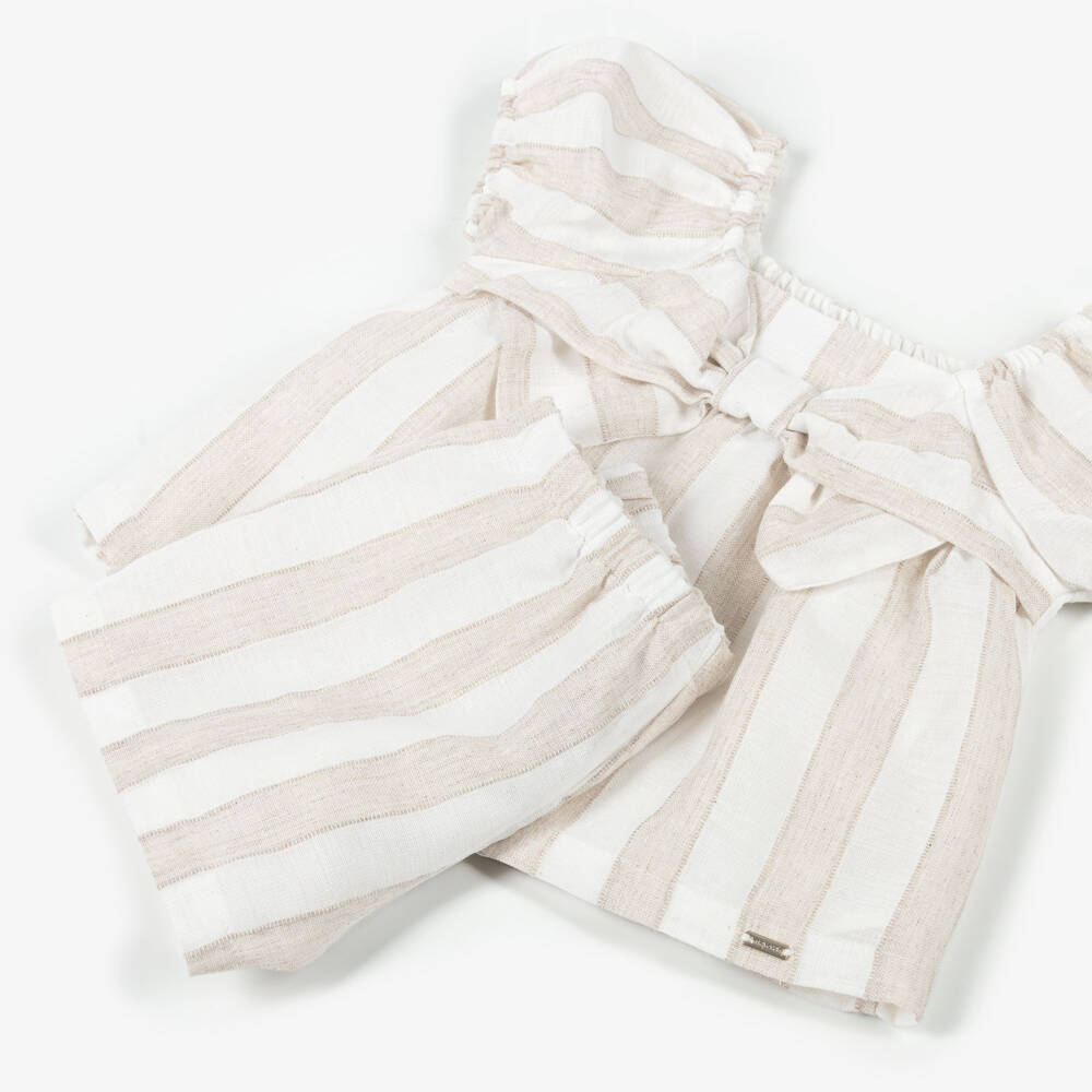 Mayoral-Girls Beige Striped Shorts Set with Bow Detail | Childrensalon