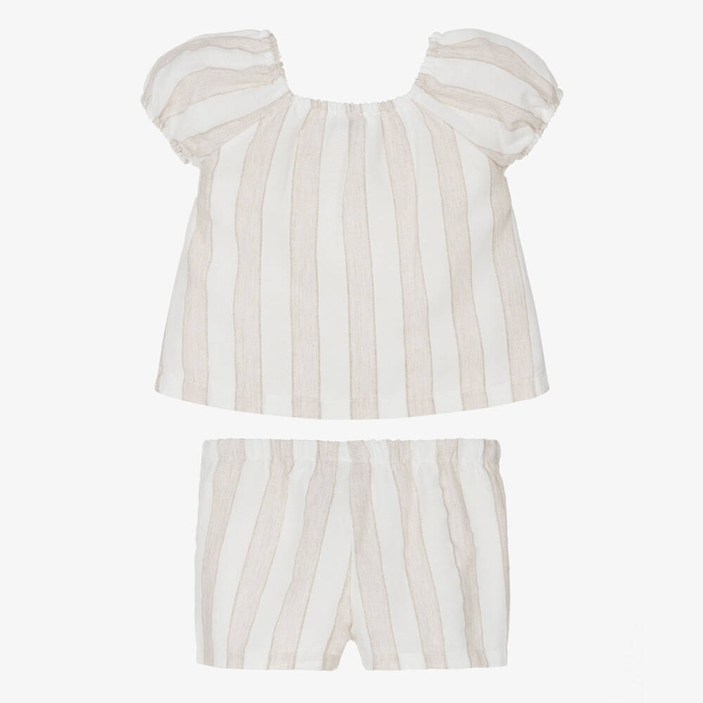 Mayoral-Girls Beige Striped Shorts Set with Bow Detail | Childrensalon