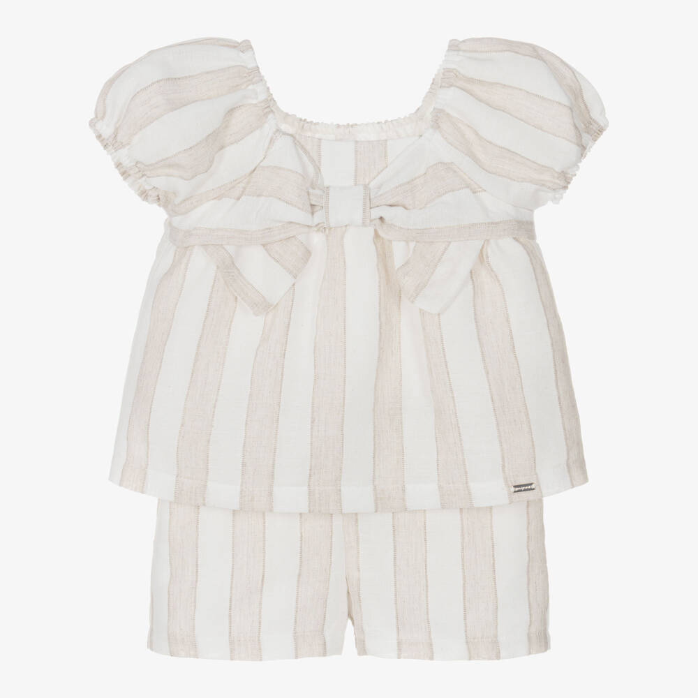 Mayoral-Girls Beige Striped Shorts Set with Bow Detail | Childrensalon