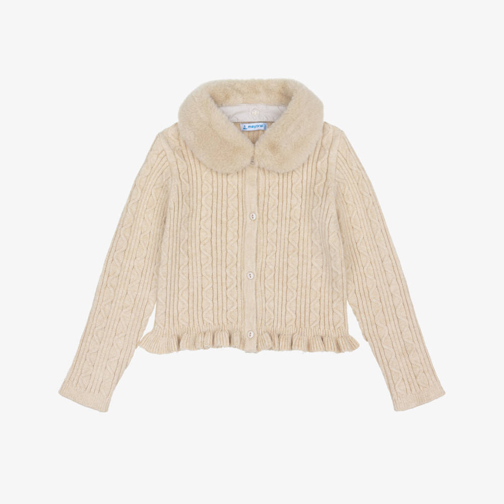 Mayoral-Girls Beige Wavy Knit Cardigan with Faux Fur Collar | Childrensalon