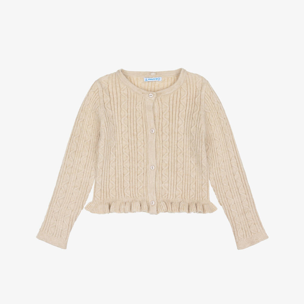 Mayoral-Girls Beige Wavy Knit Cardigan with Faux Fur Collar | Childrensalon