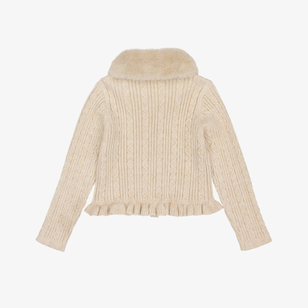 Mayoral-Girls Beige Wavy Knit Cardigan with Faux Fur Collar | Childrensalon