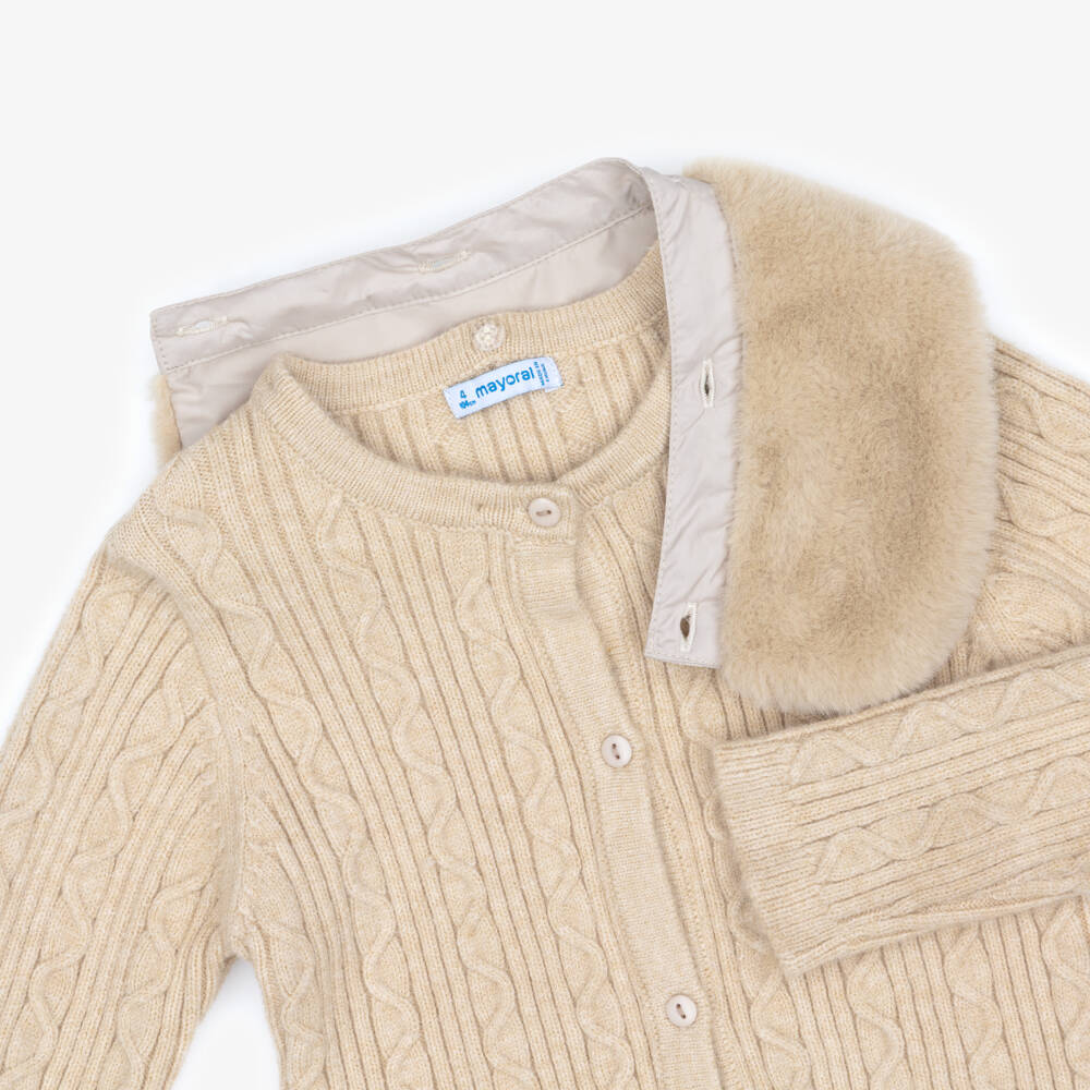 Mayoral-Girls Beige Wavy Knit Cardigan with Faux Fur Collar | Childrensalon