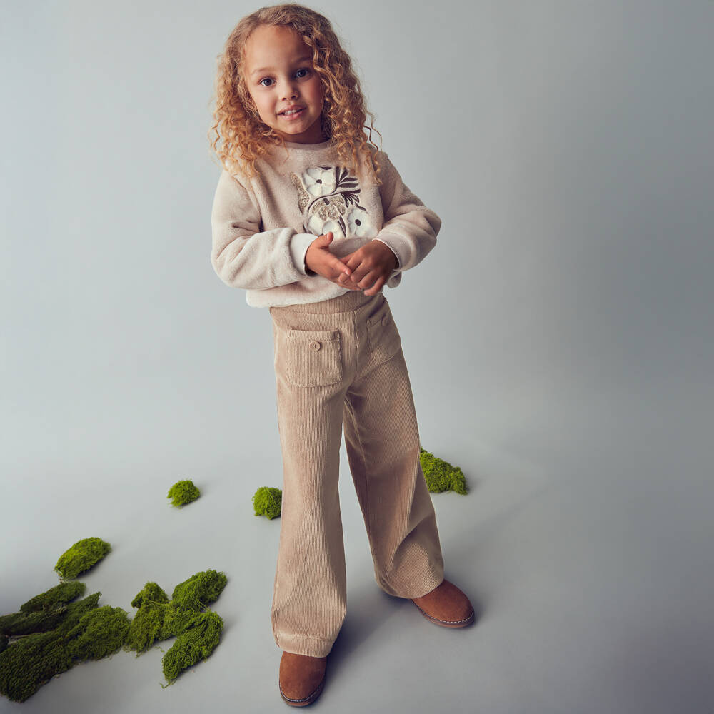 Mayoral-Girls Beige Wide-Leg Corduroy Trousers | Childrensalon
