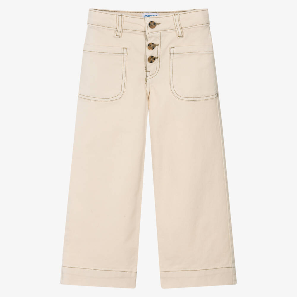 Mayoral-Girls Beige Wide Leg Jeans with Buttons | Childrensalon