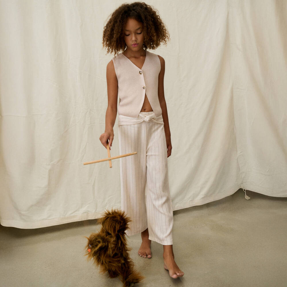 Mayoral-Girls Beige Wide-Leg Striped Trousers | Childrensalon