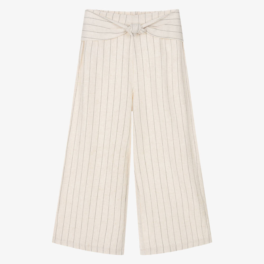 Mayoral-Girls Beige Wide-Leg Striped Trousers | Childrensalon