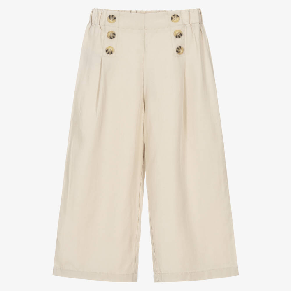 Mayoral-Girls Beige Wide Leg Trousers with Button Detailing | Childrensalon