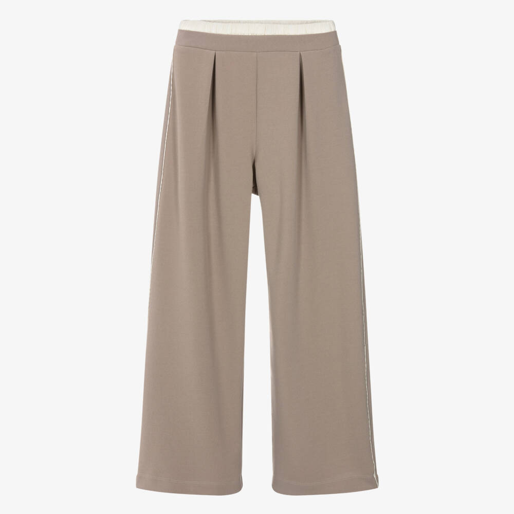 Mayoral-Girls Beige Wide-Leg Trousers with Constrasting Waistband | Childrensalon
