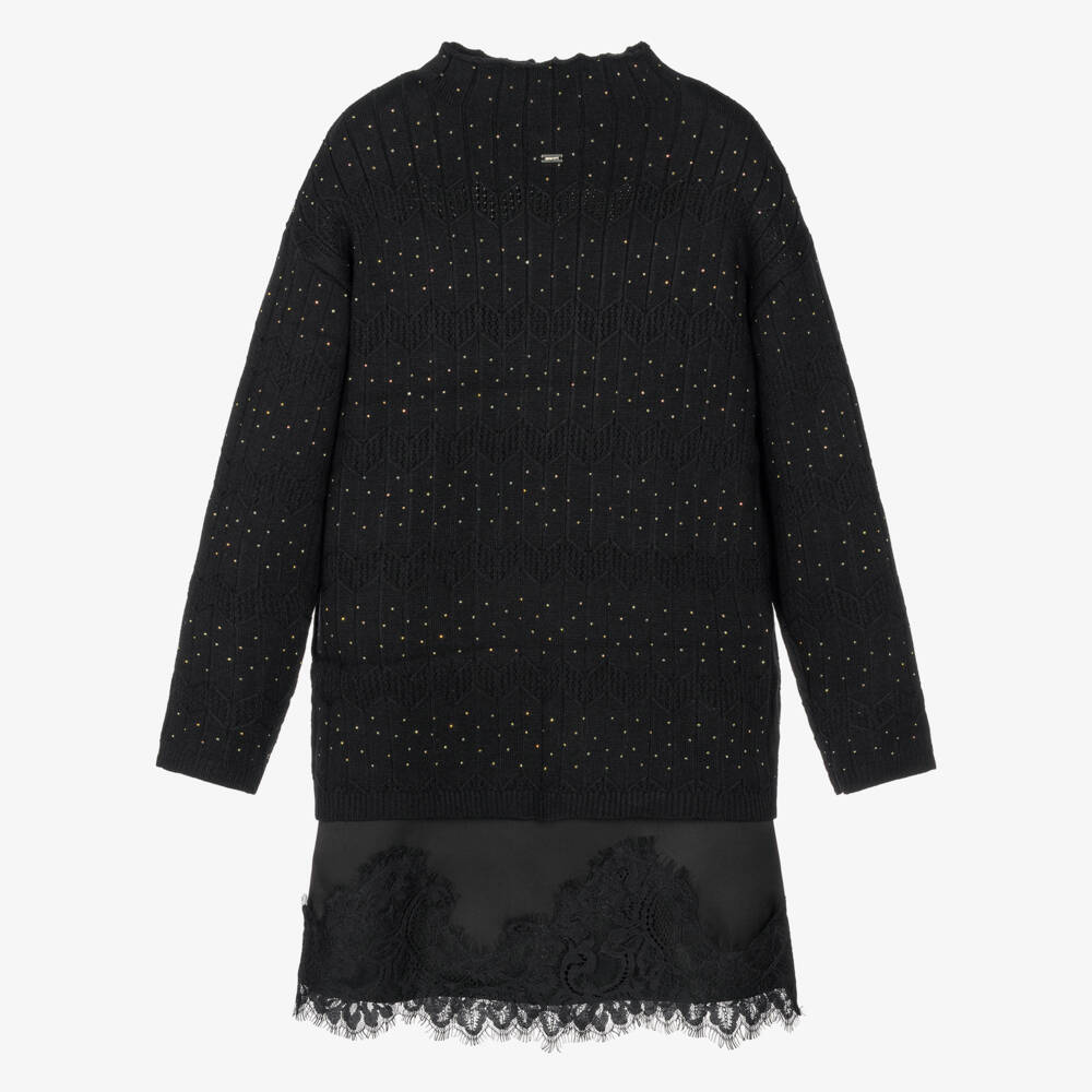 Mayoral-Girls Black 2-in-1 Diamanté Knit Dress | Childrensalon