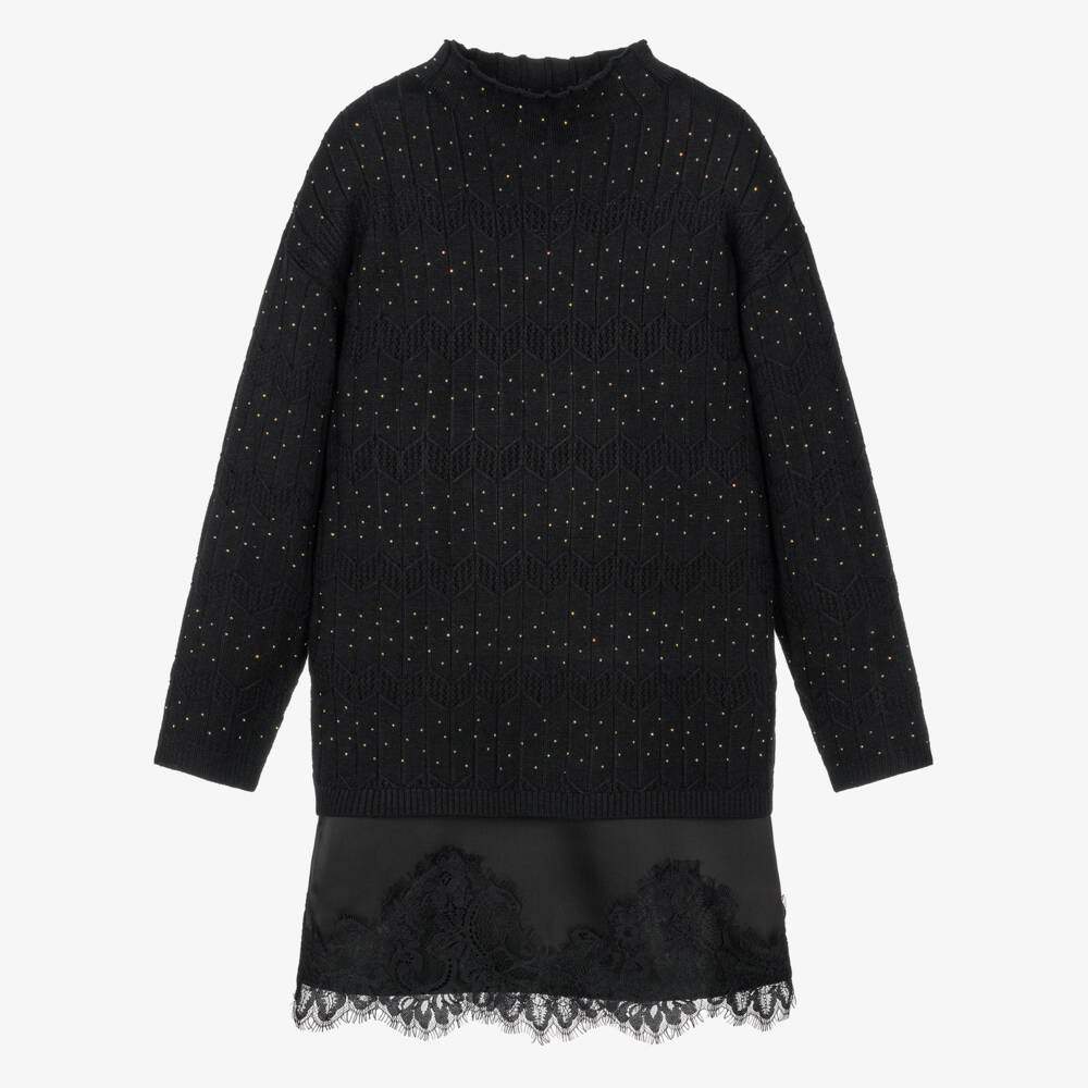 Mayoral-Girls Black 2-in-1 Diamanté Knit Dress | Childrensalon