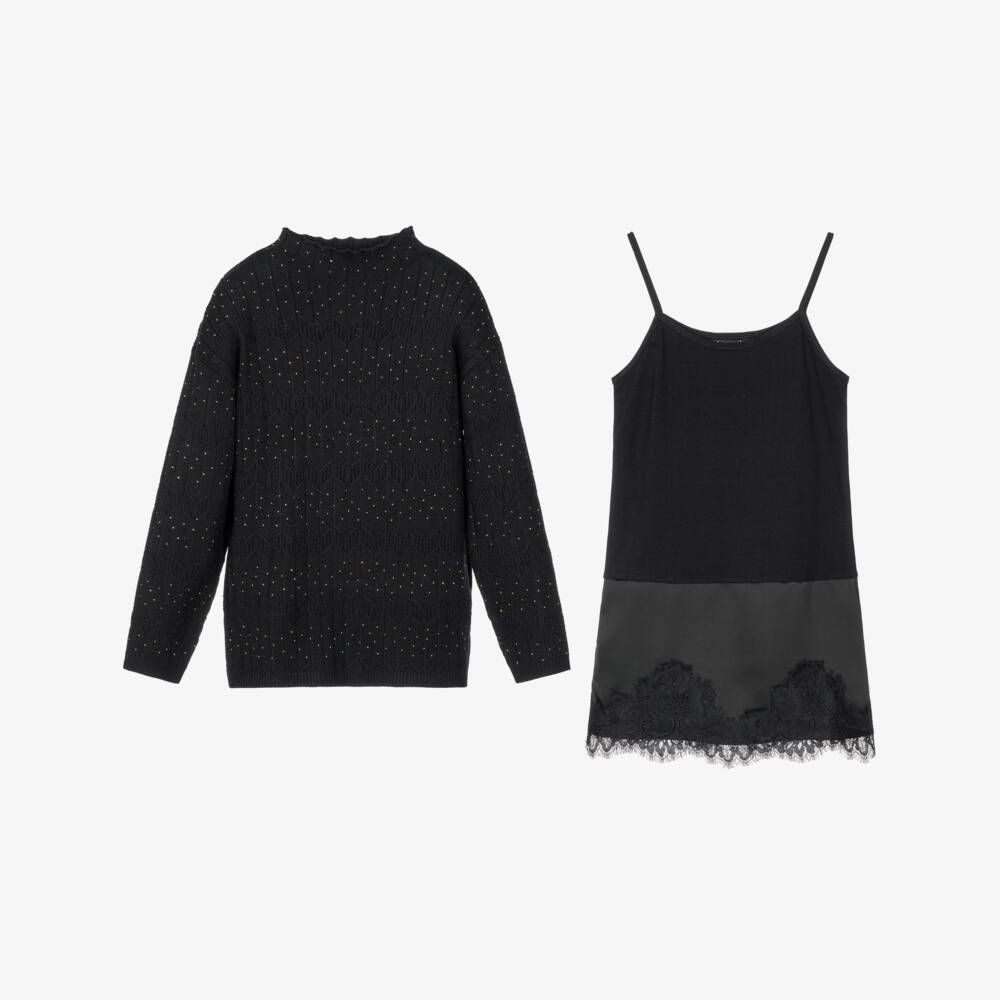 Mayoral-Girls Black 2-in-1 Diamanté Knit Dress | Childrensalon