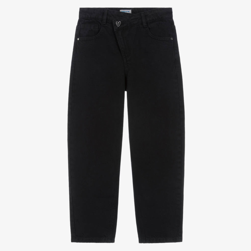 Mayoral-Girls Black Barrel Jeans with Asymmetric Waist | Childrensalon