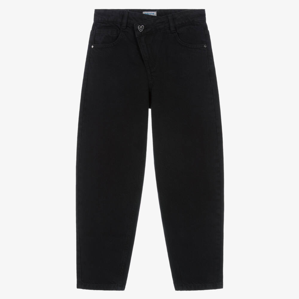 Mayoral-Girls Black Barrel Jeans with Asymmetric Waist | Childrensalon
