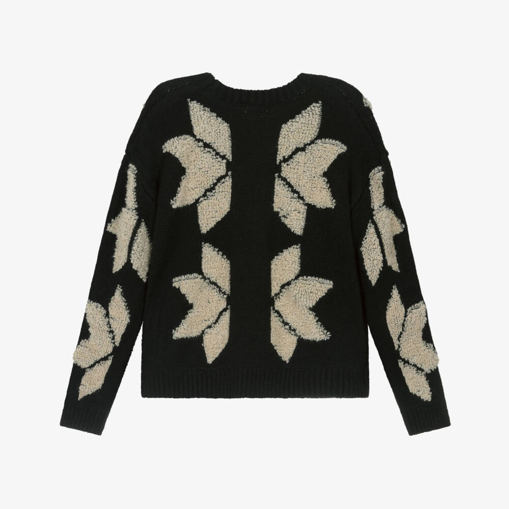 Mayoral-Girls Black & Beige Patterned Chunky Knit Cardigan | Childrensalon