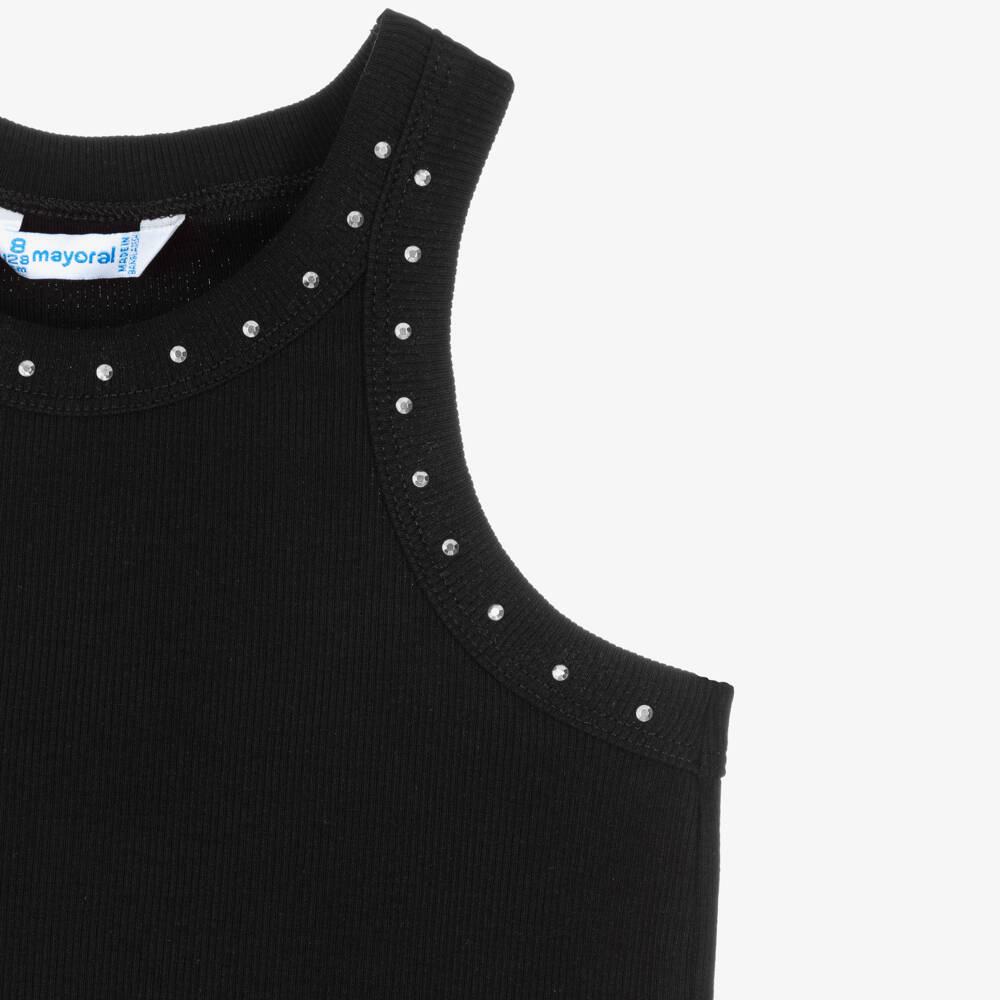 Mayoral-Girls Black Cotton Jersey Studded Vest Top | Childrensalon