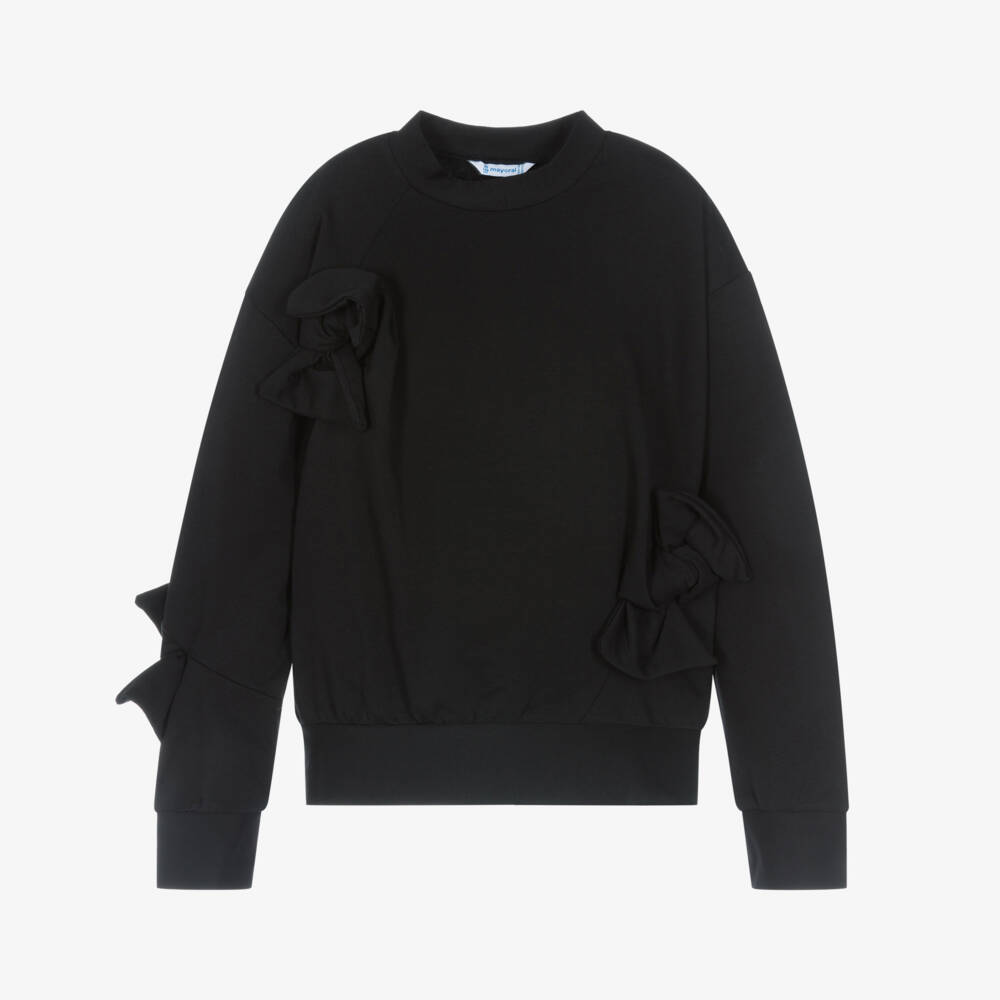 Mayoral-Girls Black Cotton Jersey Sweatshirt with Bows | Childrensalon
