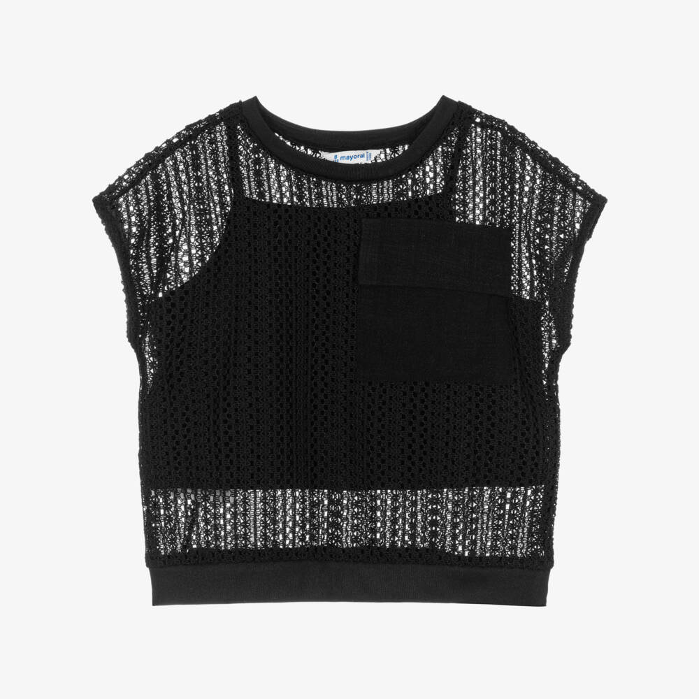 Mayoral-Girls Black Crochet Knit 2-in-1 Top | Childrensalon