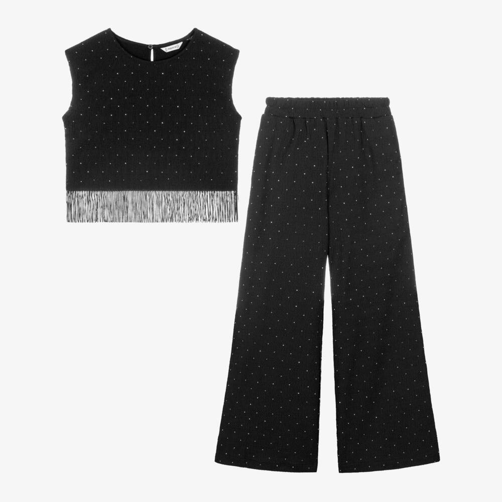 Mayoral-Girls Black Diamanté Fringed Trouser Set | Childrensalon