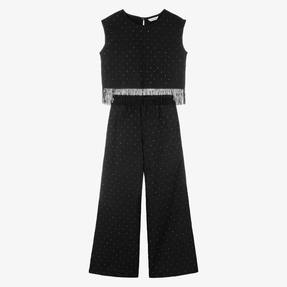 Mayoral-Girls Black Diamanté Fringed Trouser Set | Childrensalon