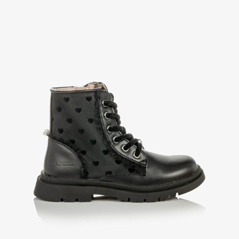 Mayoral-Girls Black Faux Leather Ankle Boots with Lacy Trim | Childrensalon