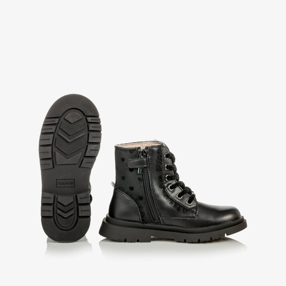 Mayoral-Girls Black Faux Leather Ankle Boots with Lacy Trim | Childrensalon