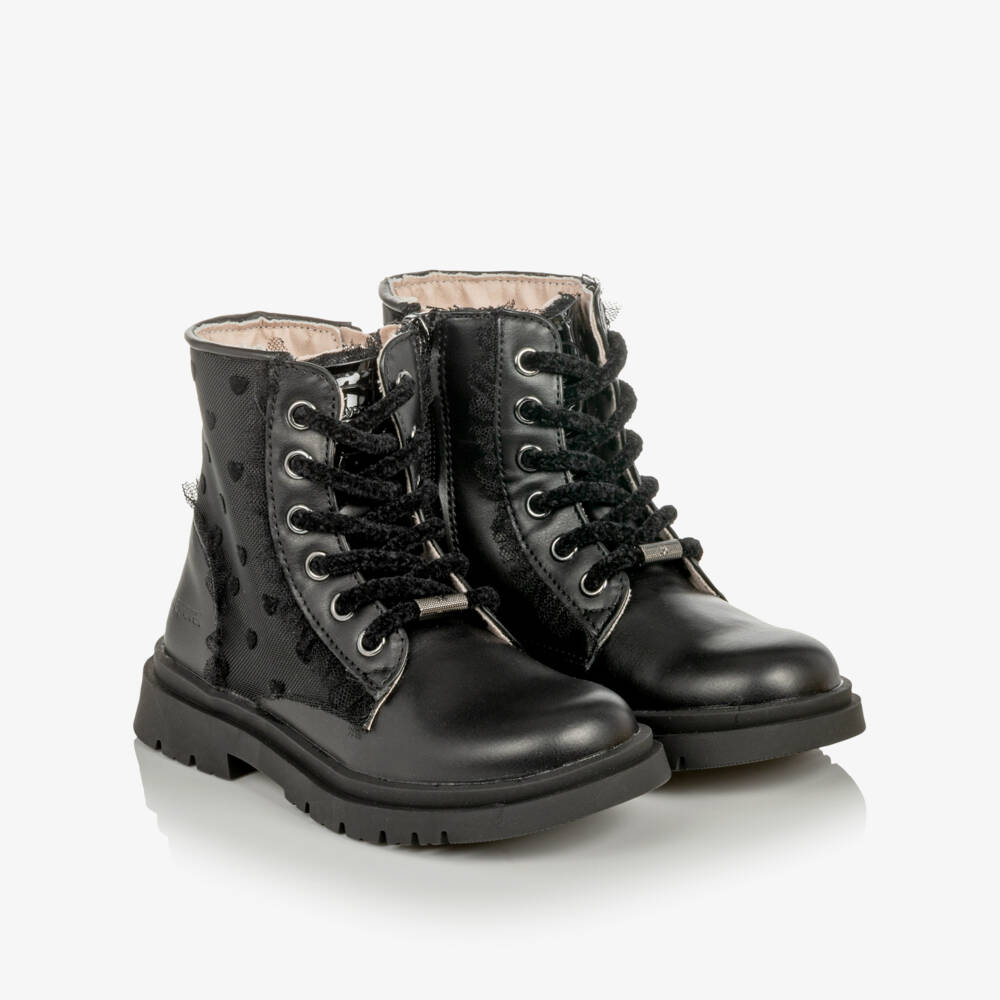 Mayoral-Girls Black Faux Leather Ankle Boots with Lacy Trim | Childrensalon