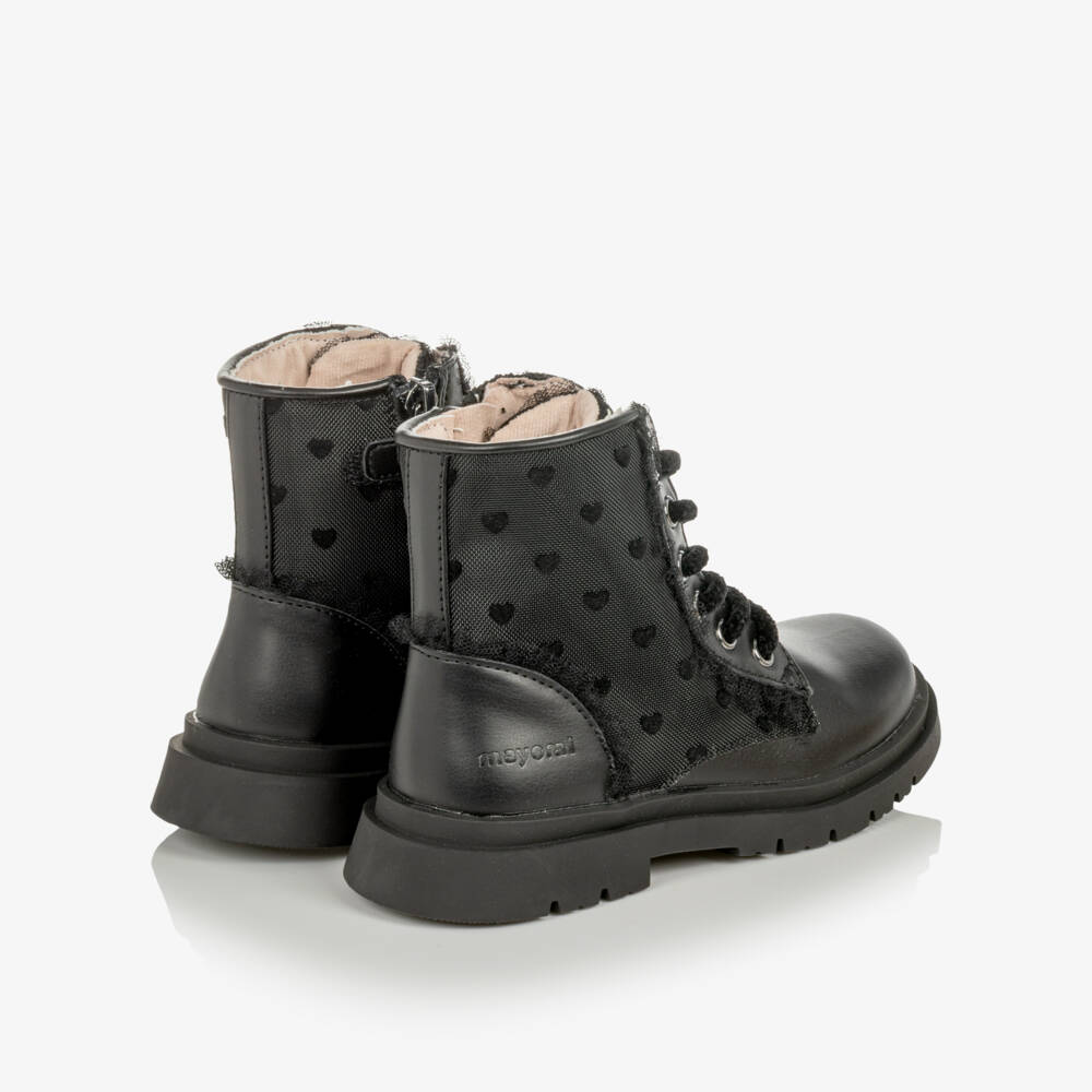 Mayoral-Girls Black Faux Leather Ankle Boots with Lacy Trim | Childrensalon