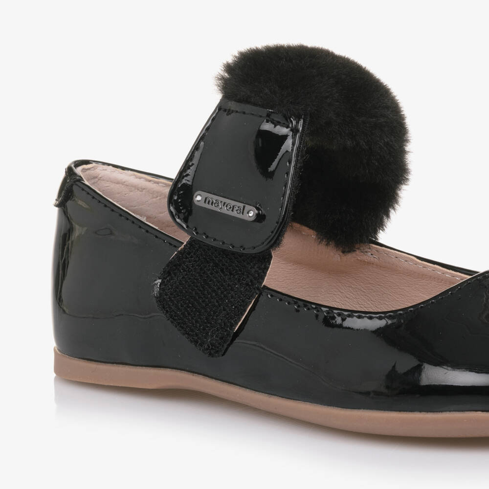 Mayoral-Girls Black Faux Patent Leather Bar Shoes with Faux Fur Trim | Childrensalon