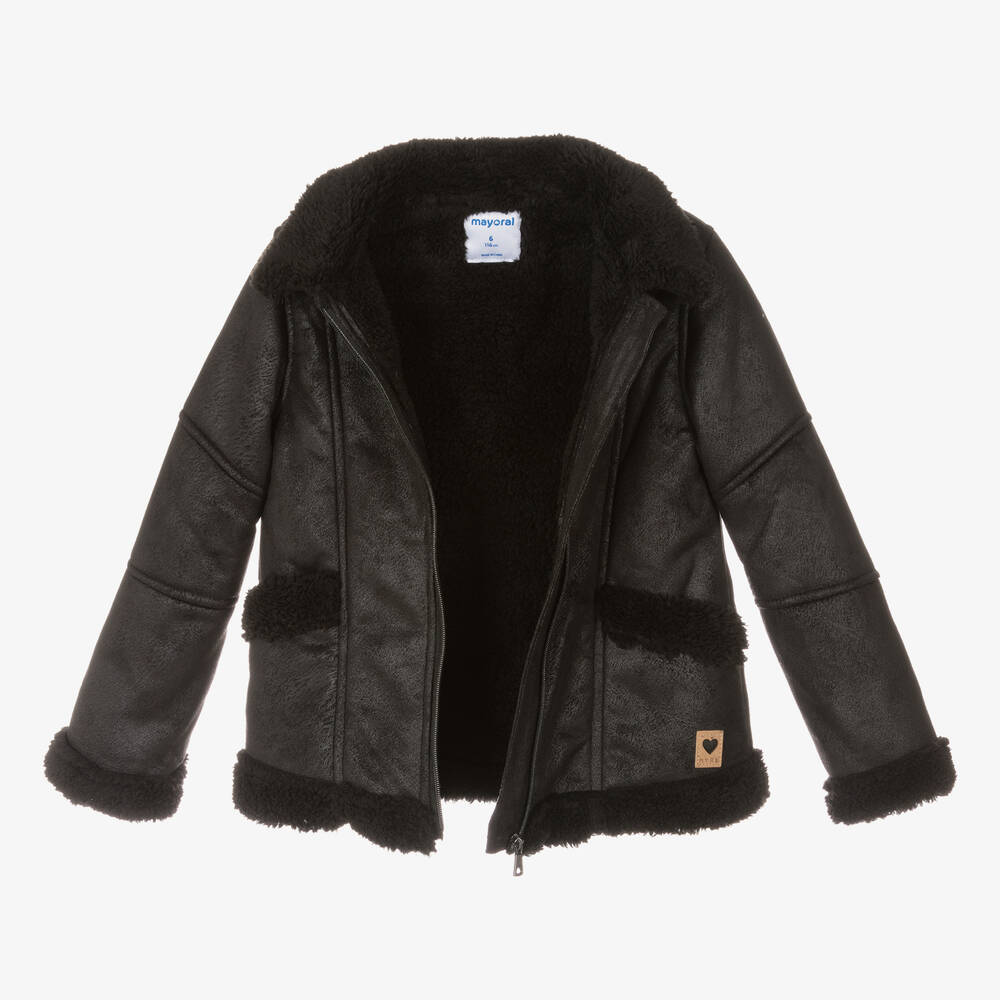 Mayoral-Girls Black Faux Sheepskin Jacket | Childrensalon