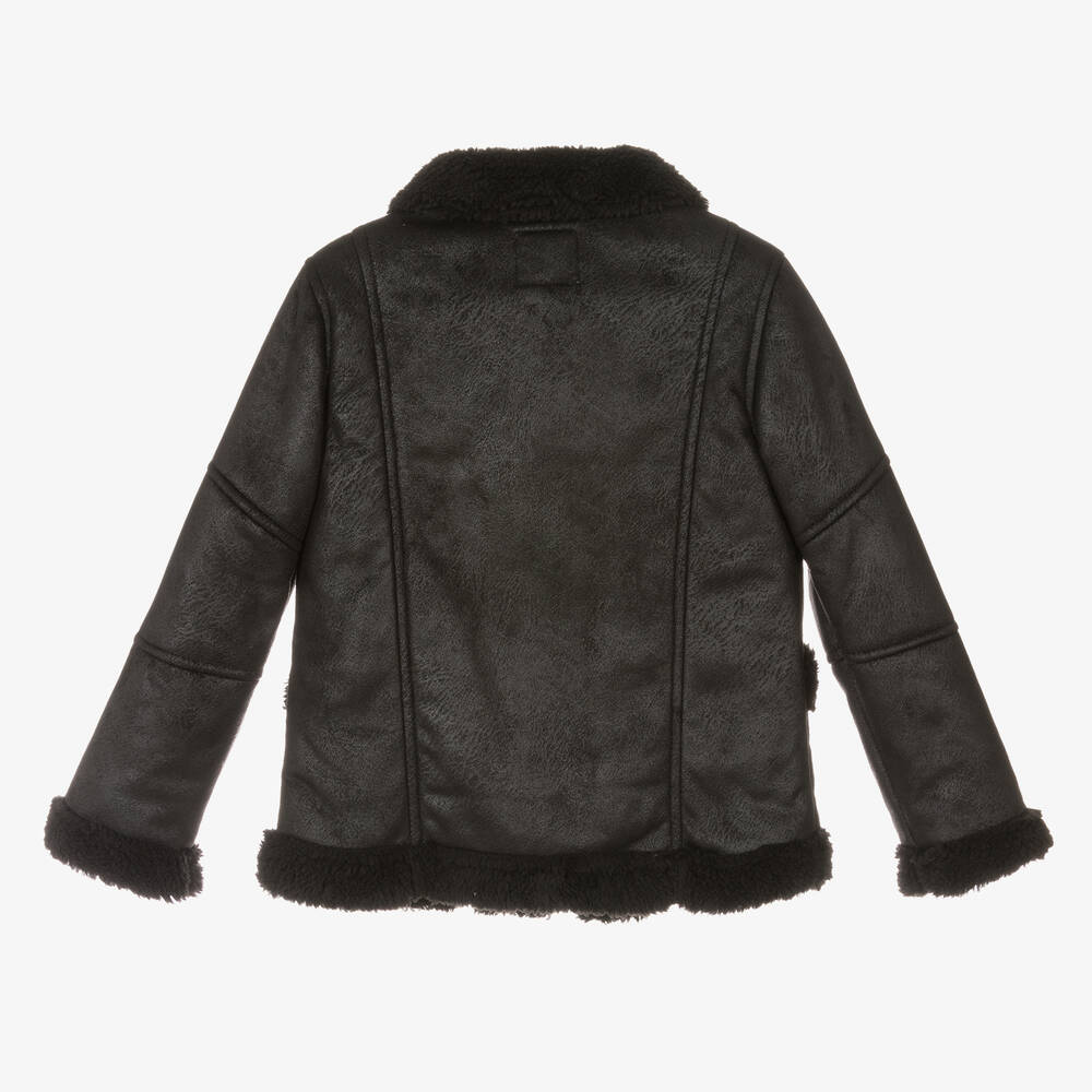 Mayoral-Girls Black Faux Sheepskin Jacket | Childrensalon