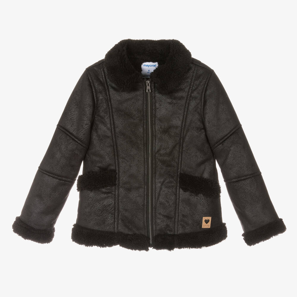 Mayoral-Girls Black Faux Sheepskin Jacket | Childrensalon