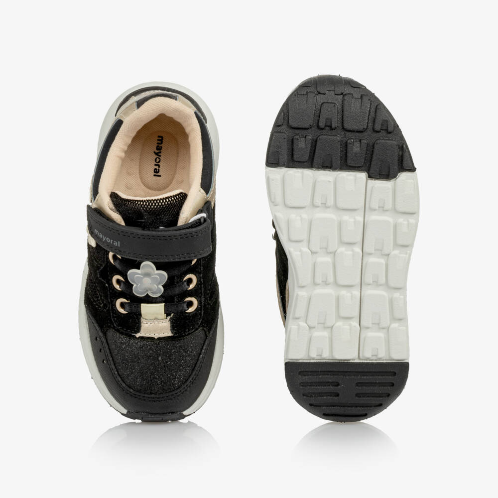 Mayoral-Girls Black & Gold Velcro Trainers with Flowers | Childrensalon