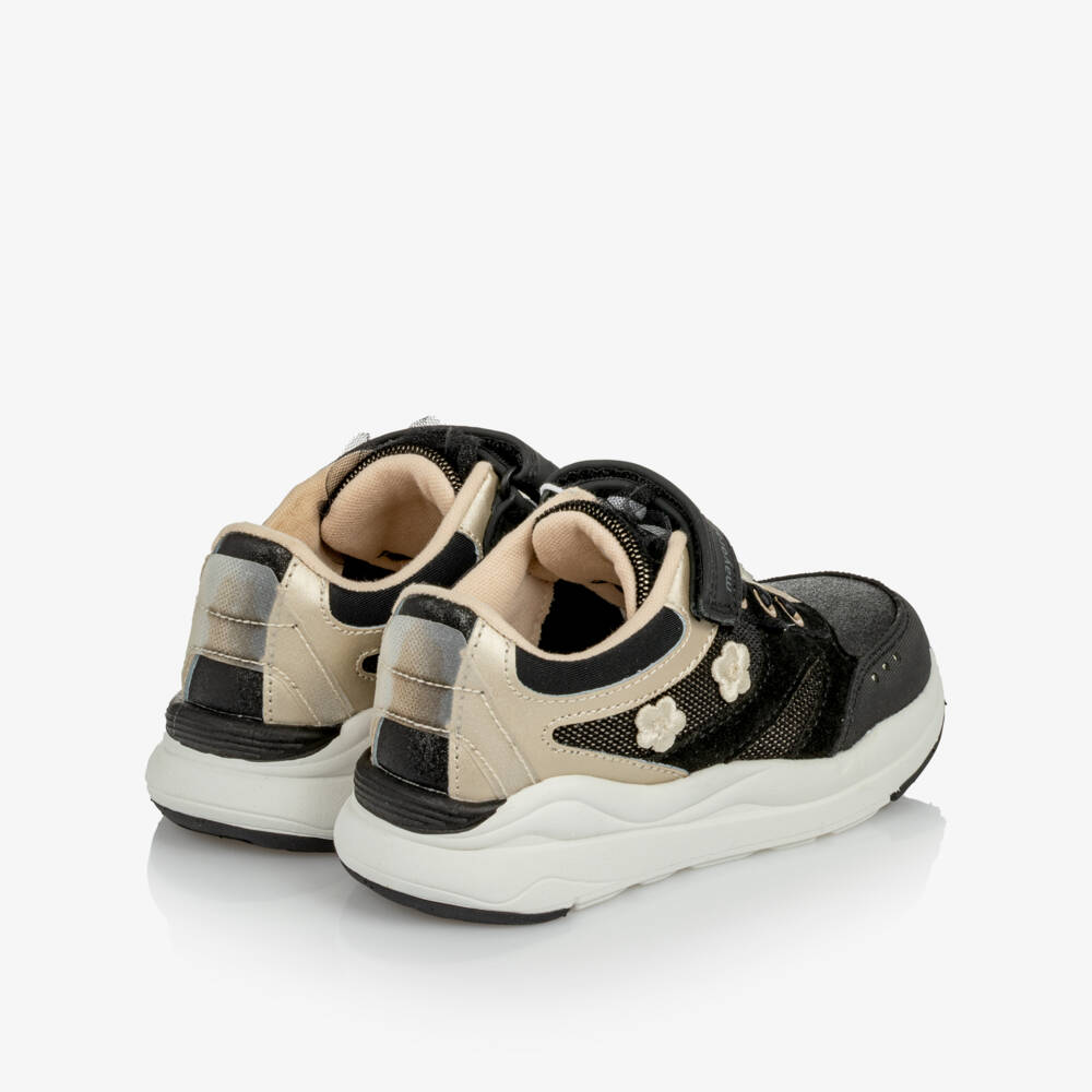 Mayoral-Girls Black & Gold Velcro Trainers with Flowers | Childrensalon