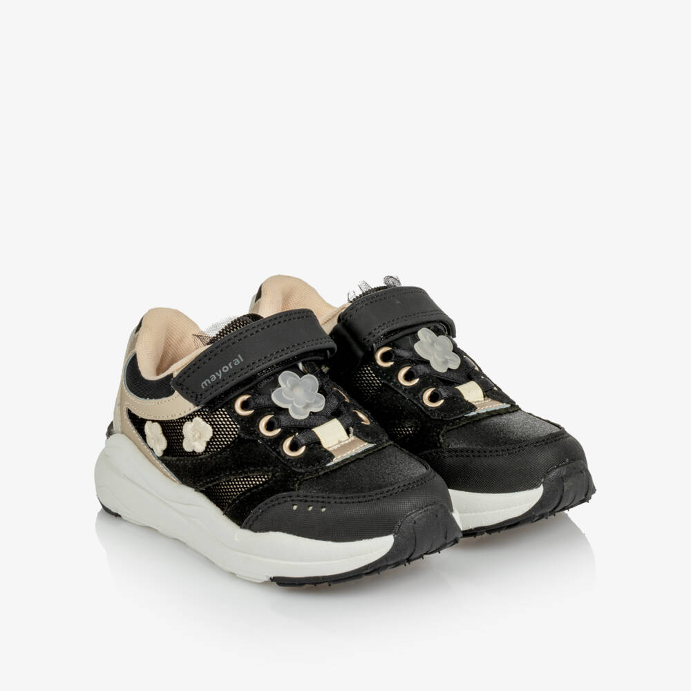 Mayoral-Girls Black & Gold Velcro Trainers with Flowers | Childrensalon