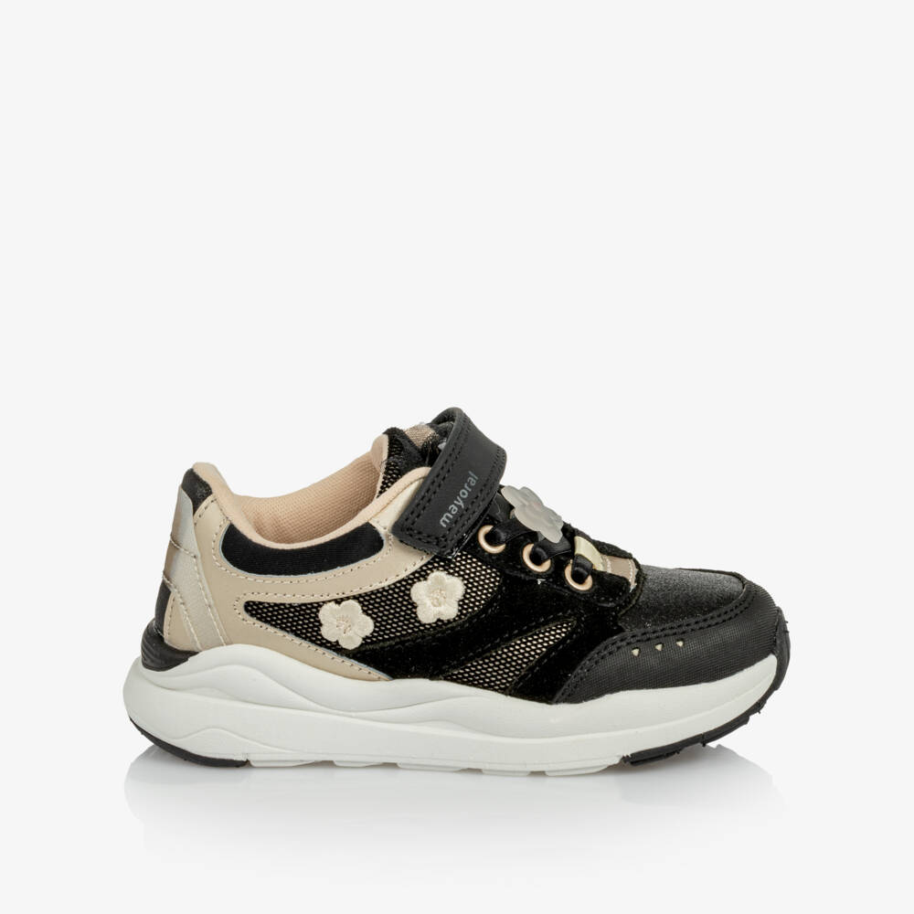 Mayoral-Girls Black & Gold Velcro Trainers with Flowers | Childrensalon