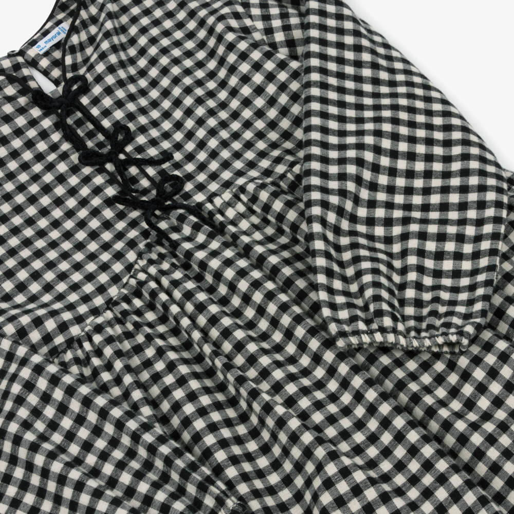 Mayoral-Платье из хлопка чёрно-кремовое в клетку для девочек | Childrensalon