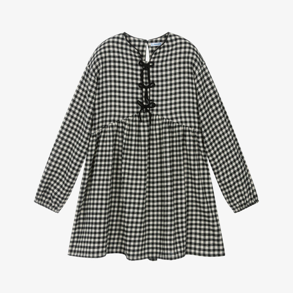 Mayoral-Платье из хлопка чёрно-кремовое в клетку для девочек | Childrensalon