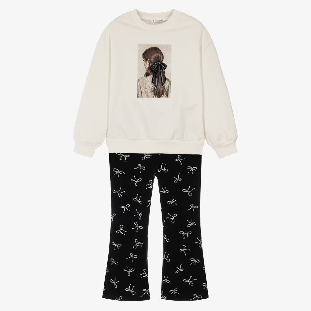 Mayoral-Girls Black & Ivory Flared Leggings Set with Bow Print | Childrensalon
