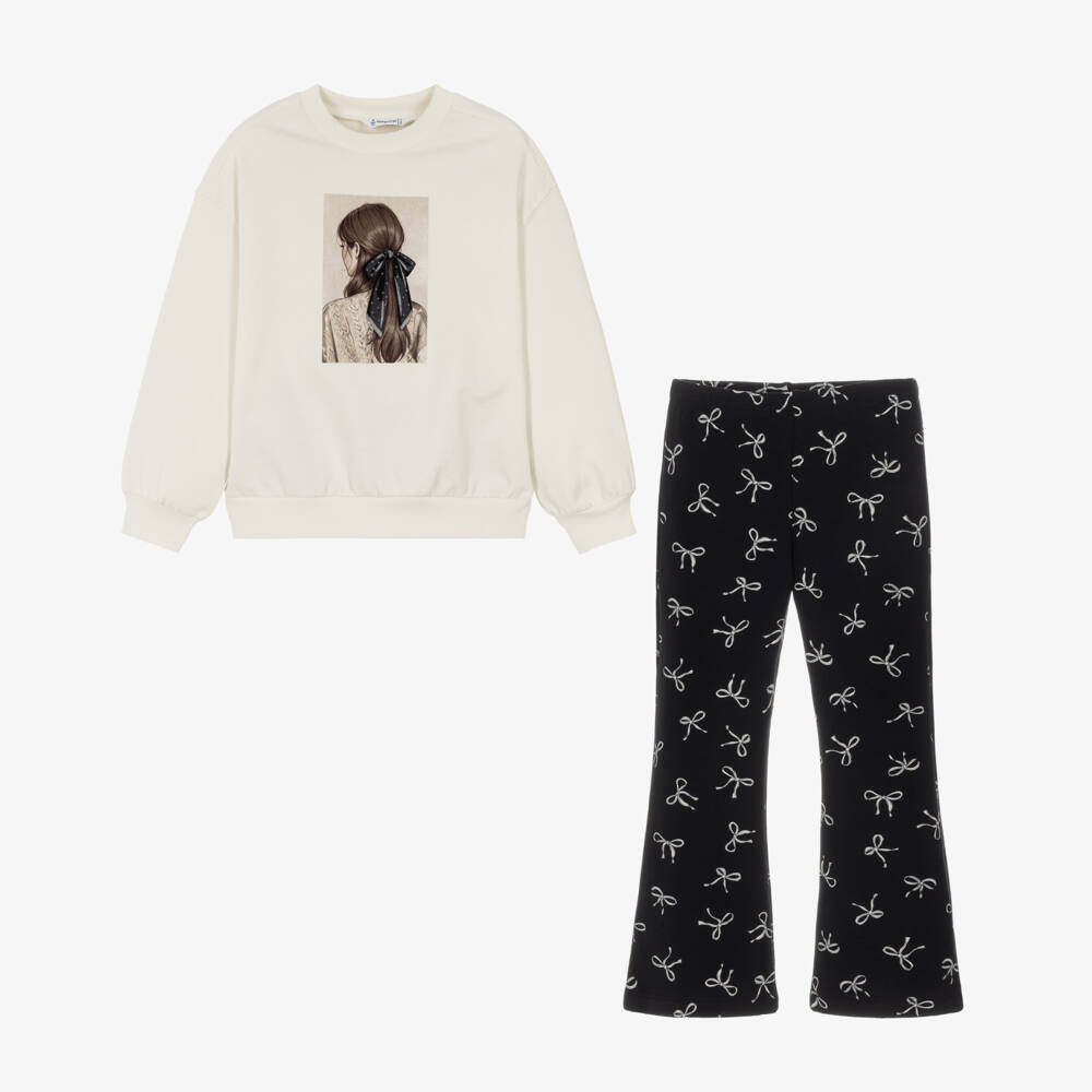 Mayoral-Girls Black & Ivory Flared Leggings Set with Bow Print | Childrensalon