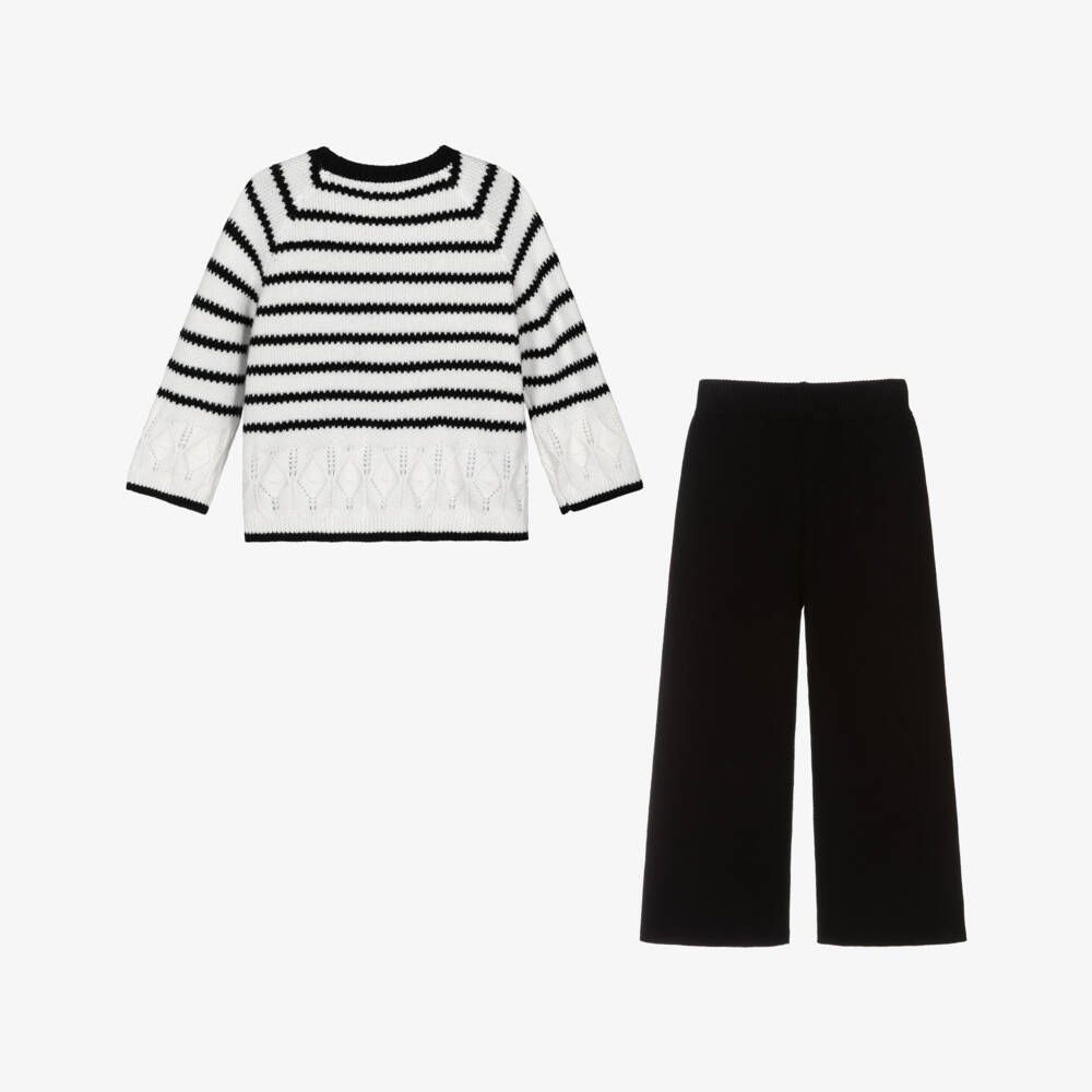 Mayoral-Girls Black & Ivory Striped Knitted Trouser Set | Childrensalon