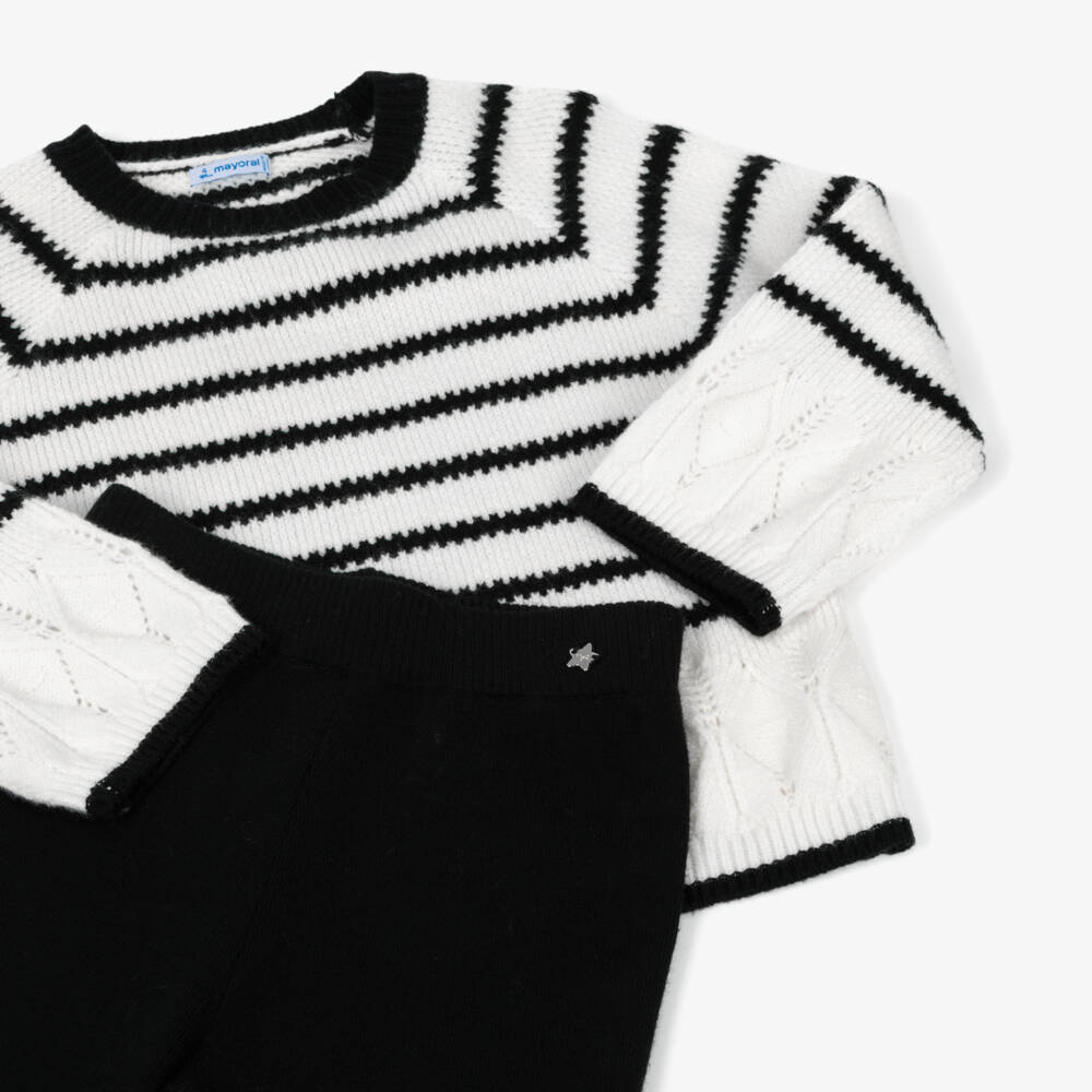 Mayoral-Girls Black & Ivory Striped Knitted Trouser Set | Childrensalon