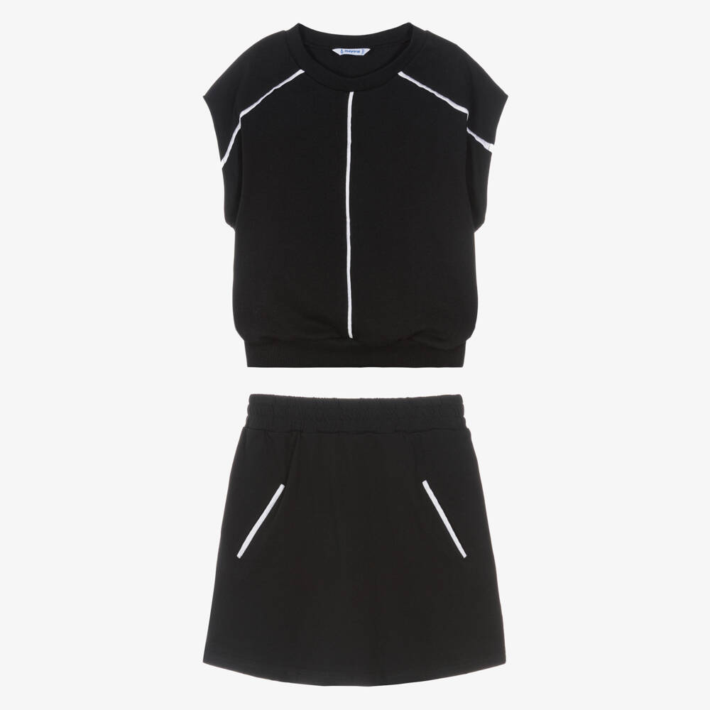 Mayoral-Girls Black Jersey Skirt Set with Ivory Satin Trims | Childrensalon