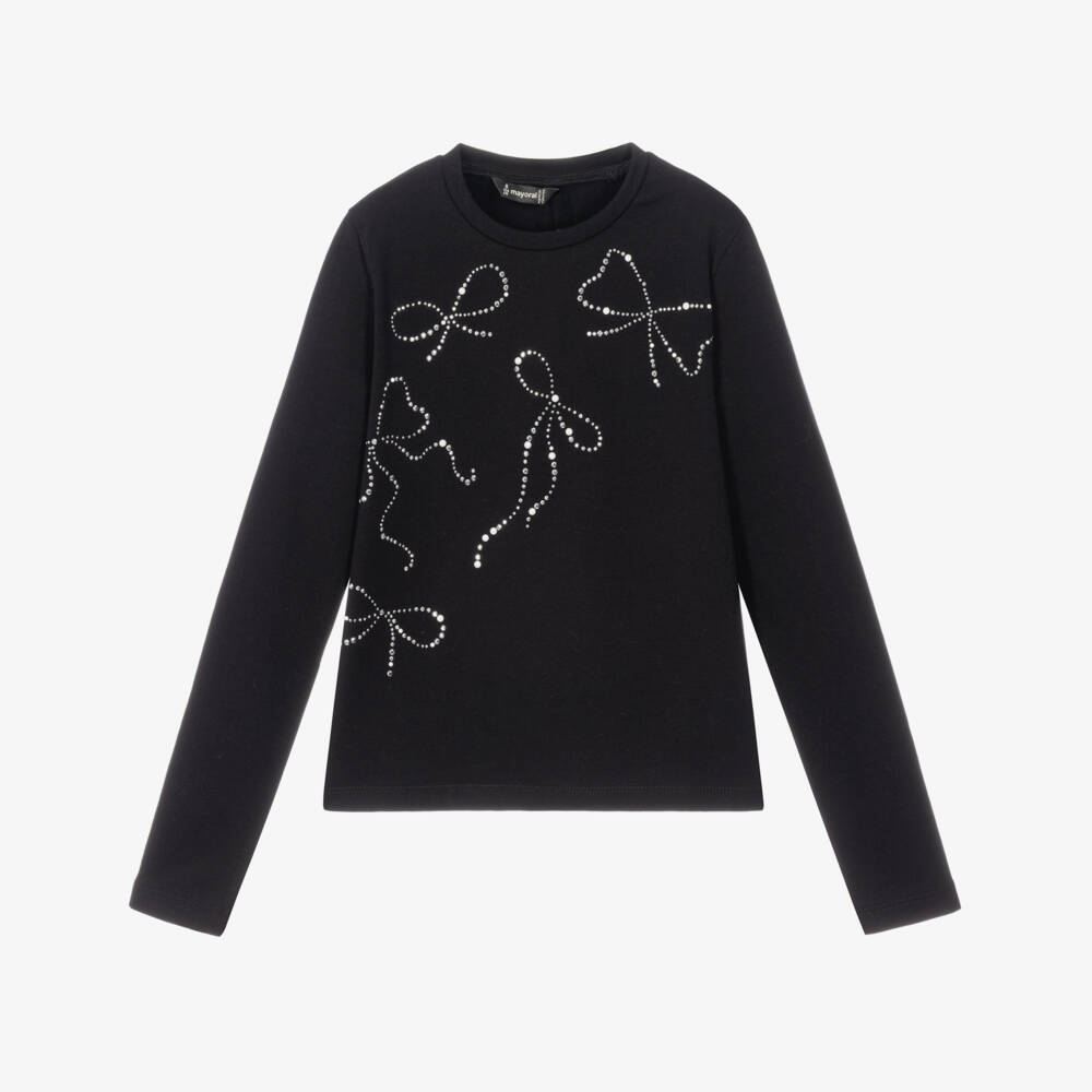 Mayoral-Girls Black Jersey Top with Sparkly Bows | Childrensalon