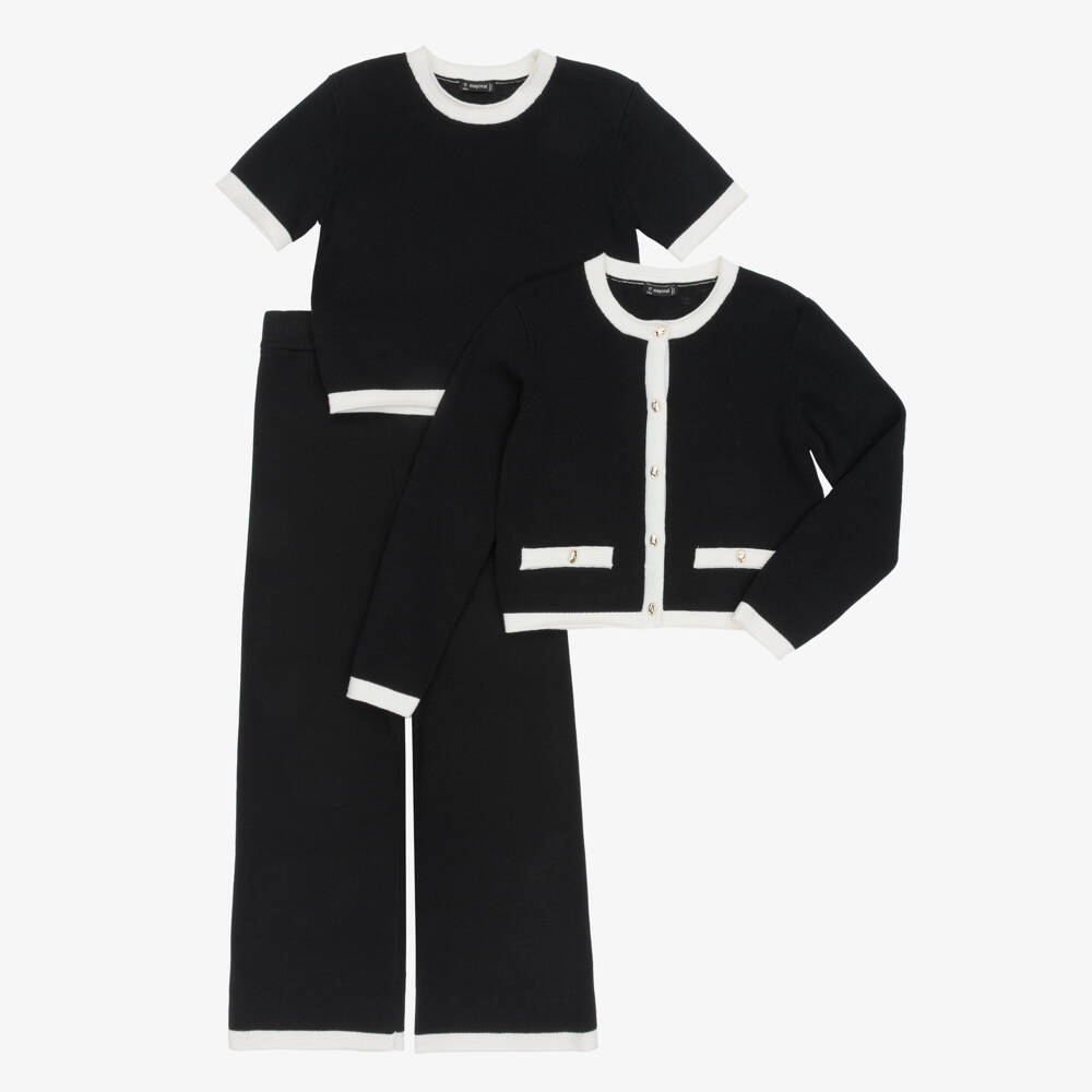Mayoral-Girls Black Knitted 3 Piece Trouser Set | Childrensalon
