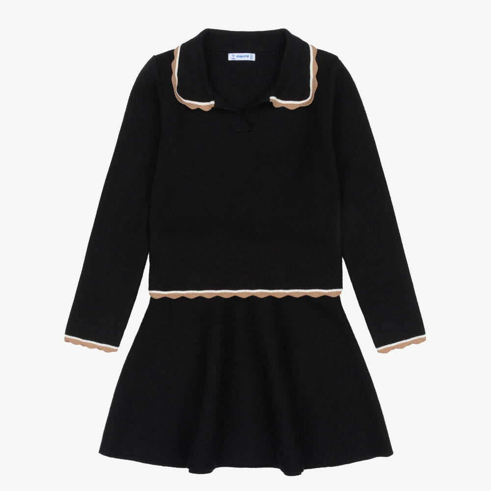 Mayoral-Girls Black Knitted Skirt Set with Scalloped Trim | Childrensalon